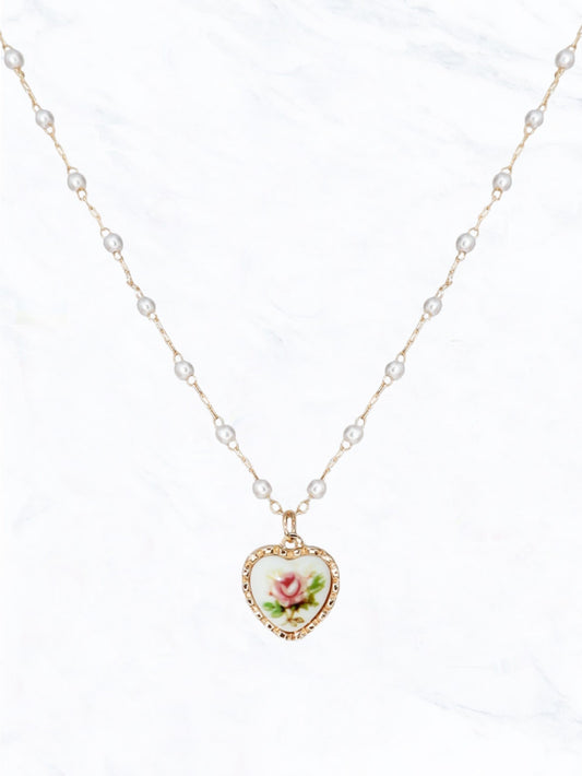 Vintage Rose Heart Pendant Necklace