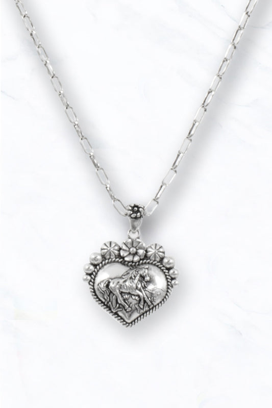Silver Heart Horse Necklace